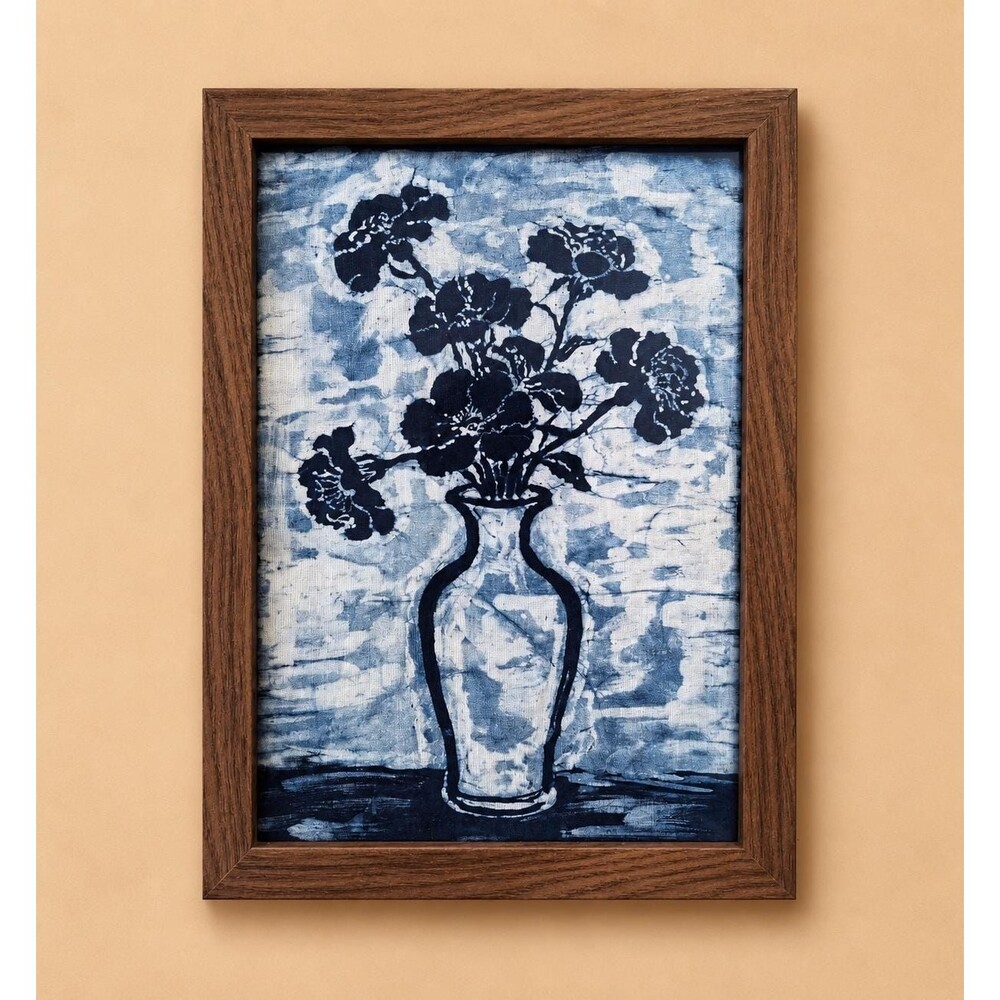 Indigo Batik Wall Art, Flowers in Vase Linen Textile Art, Handmade Decor